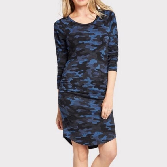 Sundry Side Ruched Sweatshirt Dress in Blue & Black Camo Sundry 2 | Size Medium - Picture 1 of 12